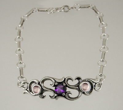 Sterling Silver Bracelet With Faceted Amethyst And Rose Quartz